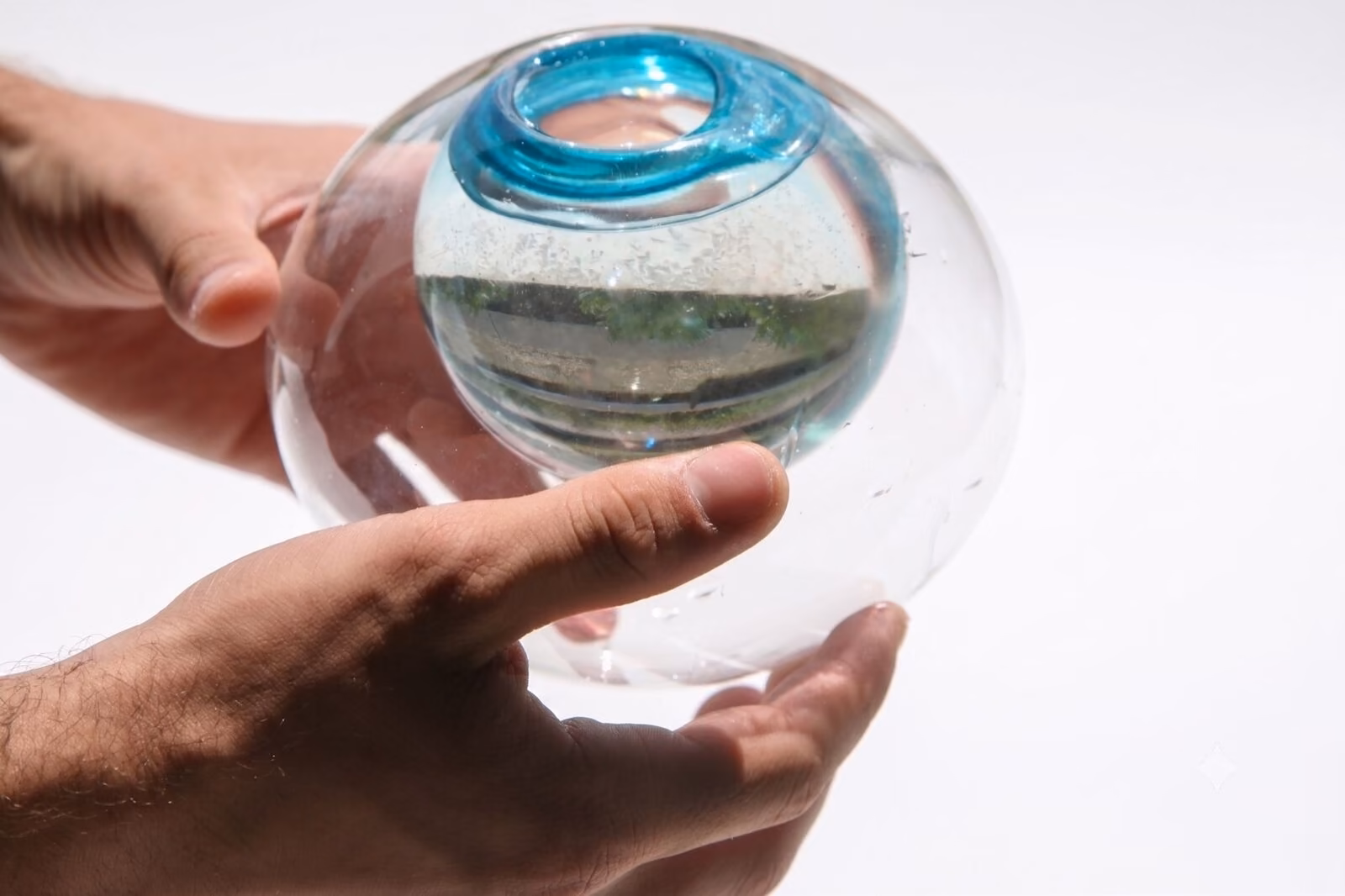 Bubble within a Bubble: A piece blown in two distinct stages: a first bubble is formed, then wrapped in a second layer of glass blown over it, trapping air between the two walls