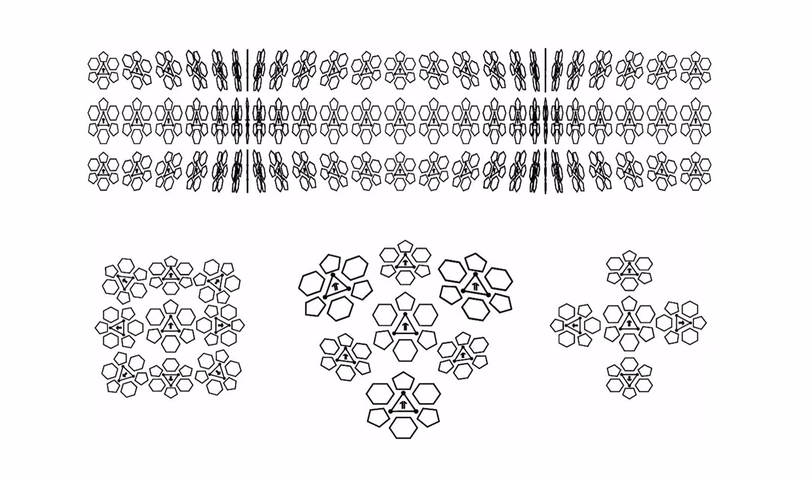 Compressed Rosette: A central mark - a rosette of pentagons and hexagons arranged around a directional arrow - run through successive rotations at 90°, 180°, and 270°