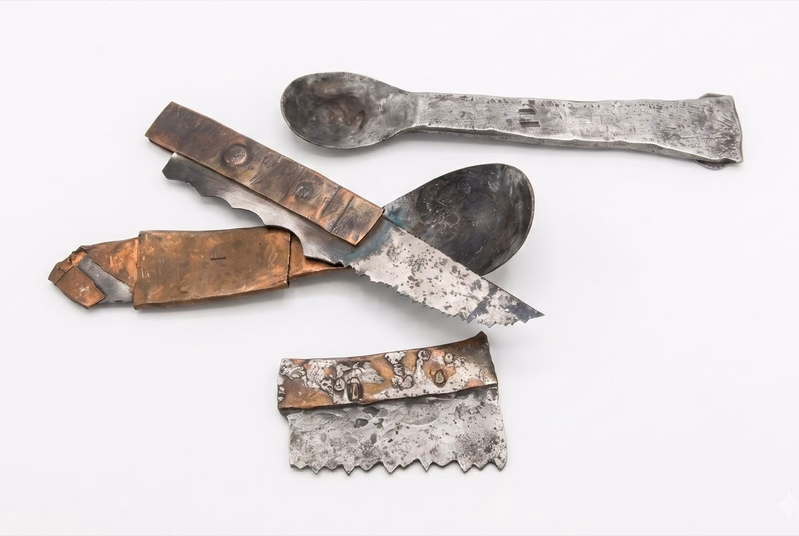 Forged Cutlery: Utensils hand-forged from raw steel bar stock - a spoon, a knife, a second serrated blade - each fitted with a copper handle cold-wrapped around the shaft