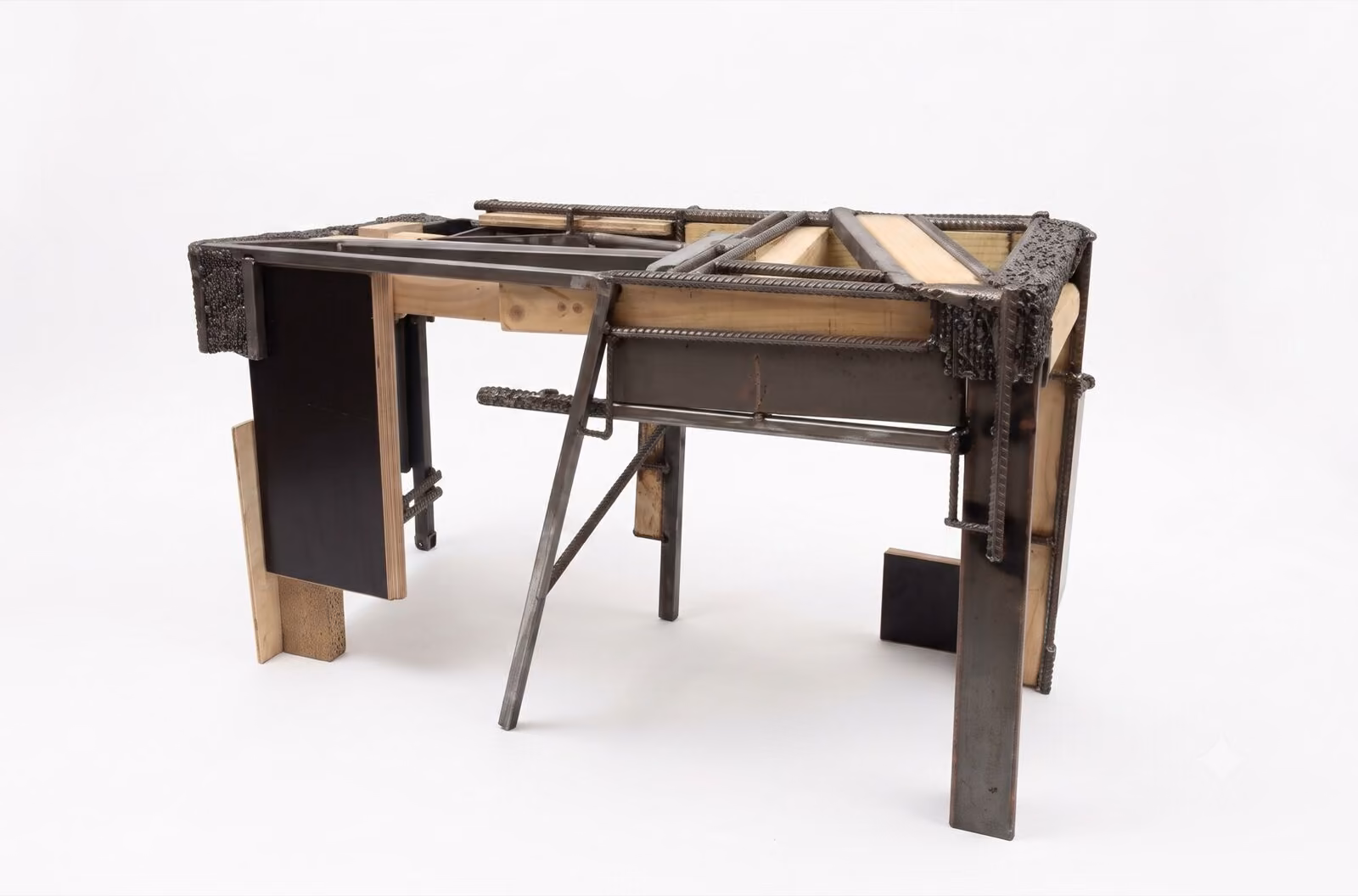Steel-Bound Bench: A structure built from welded rebar, chosen for its irregular cross-section and rough surface texture rather than for precision